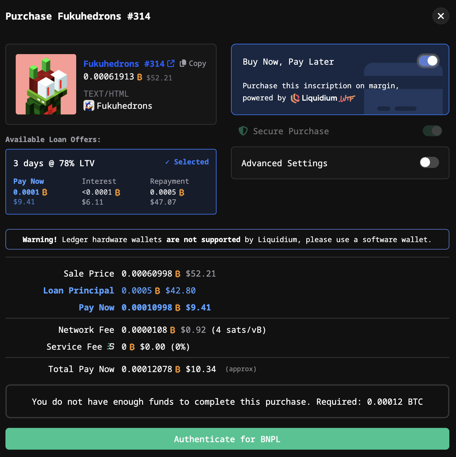 BNPL purchase flow on Satflow